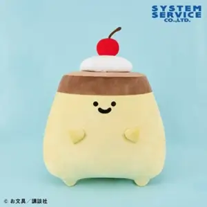 お文具といっしょ クリームのっけ もちもちプリンさんぬいぐるみXL の画像。頭の上に、クリームとサクランボを乗せたプリンさんのXLサイズのぬいぐるみ。